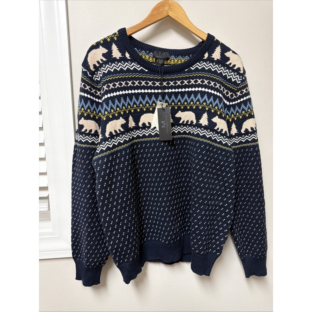 NWT‎ Magaschoni Nordic Fair Isle Sweater Navy Crewneck Mens XL Ski Style